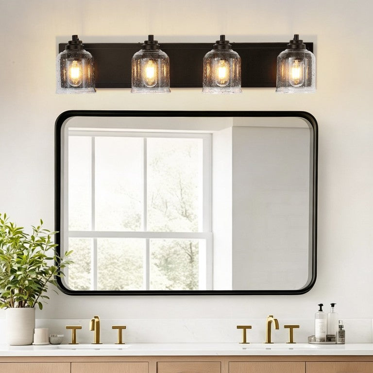 English Elm 4-Light Industrial Farmhouse Vanity Bar Seeded Glass Matte Black Iron Bathroom Sconce W2312P605621