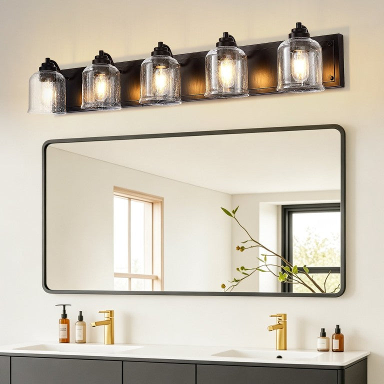 English Elm 5-Light Industrial Farmhouse Vanity Bar Matte Black Iron with Seeded Glass Bath Sconce W2312P605622
