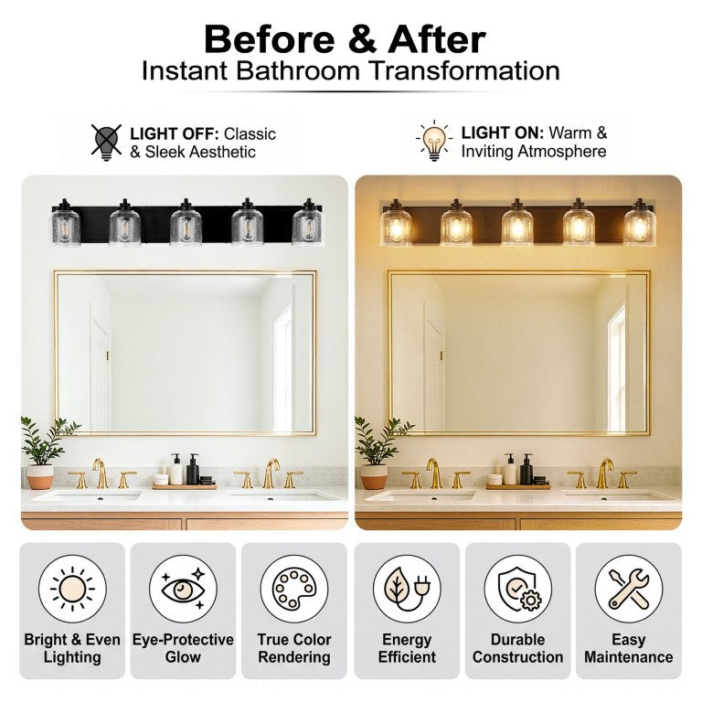 English Elm 5-Light Industrial Farmhouse Vanity Bar Matte Black Iron with Seeded Glass Bath Sconce W2312P605622