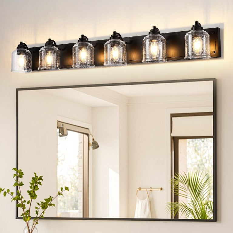 English Elm 6-Light Industrial Farmhouse Vanity Bar Seeded Glass Matte Black Iron Wide Bath Fixture W2312P605623