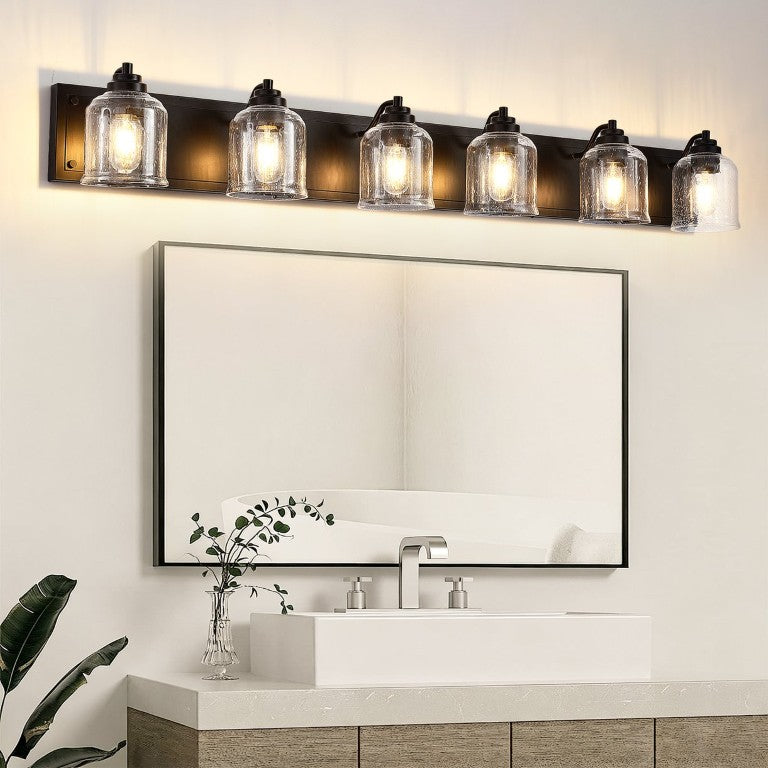 English Elm 6-Light Industrial Farmhouse Vanity Bar Seeded Glass Matte Black Iron Wide Bath Fixture W2312P605623