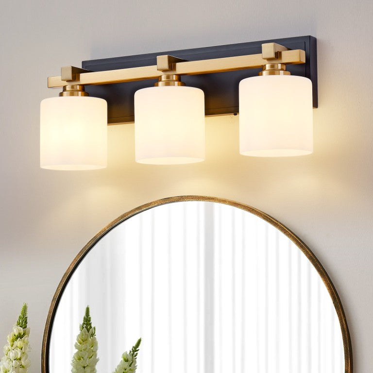 English Elm 3-Light Vanity Wall Sconce Matte Black Brushed Gold Iron Frame Milky Glass Bath Fixture W2312P606505