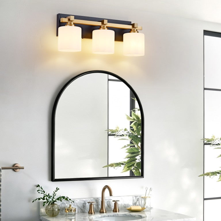 English Elm 3-Light Vanity Wall Sconce Matte Black Brushed Gold Iron Frame Milky Glass Bath Fixture W2312P606505