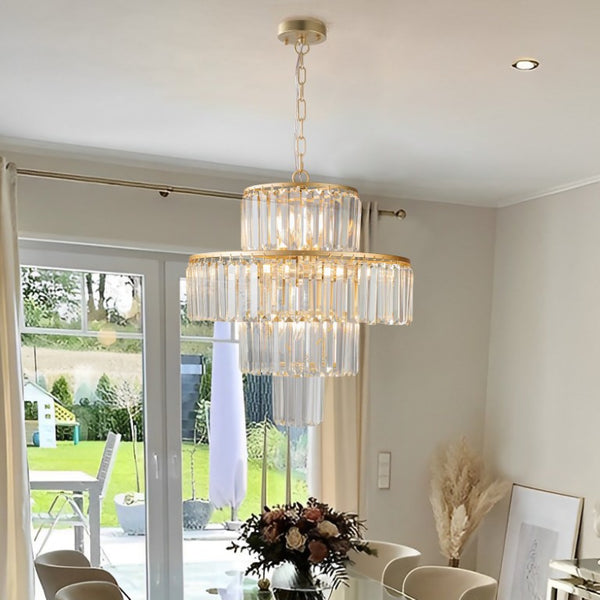 English Elm 20 Inch K9 Crystal Four Tier Chandelier Gold Frame 12 Light Elegant Foyer Fixture W2312P606873