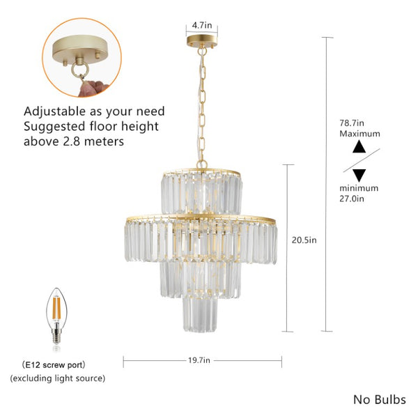 English Elm 20 Inch K9 Crystal Four Tier Chandelier Gold Frame 12 Light Elegant Foyer Fixture W2312P606873