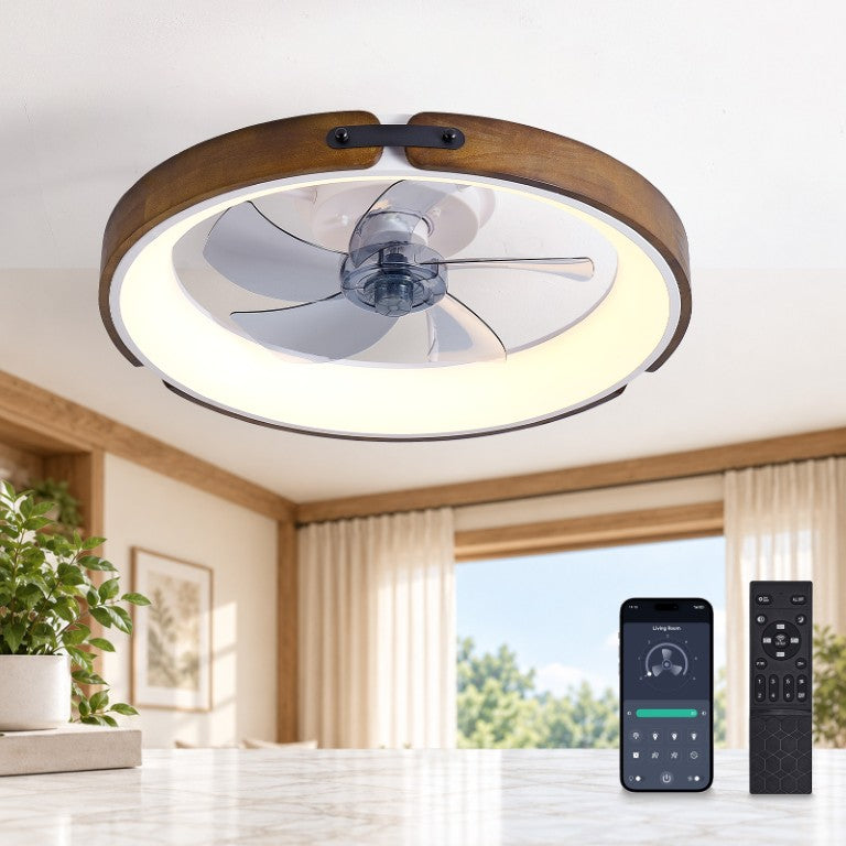 English Elm Walnut Wood Ceiling Fan Light Dimmable LED Smart Control for Bedroom Living Room W2312P608590