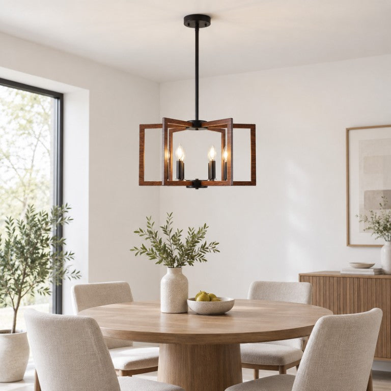 English Elm Modern Farmhouse Six Light Chandelier Wood Grain Matte Black Geometric Dining Pendant W2312P608592
