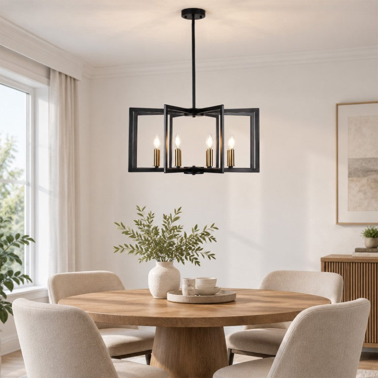 English Elm Modern Geometric 8-Light Iron Chandelier Matte Black Brass Accents Dining Room Fixture W2312P608593