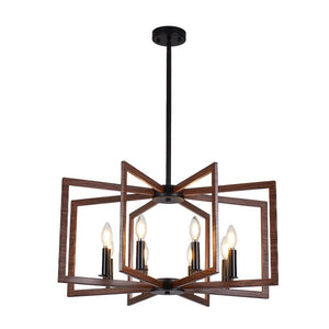 English Elm Modern Farmhouse 8-Light Chandelier Walnut Wood Grain Geometric Pendant Dining W2312P608594