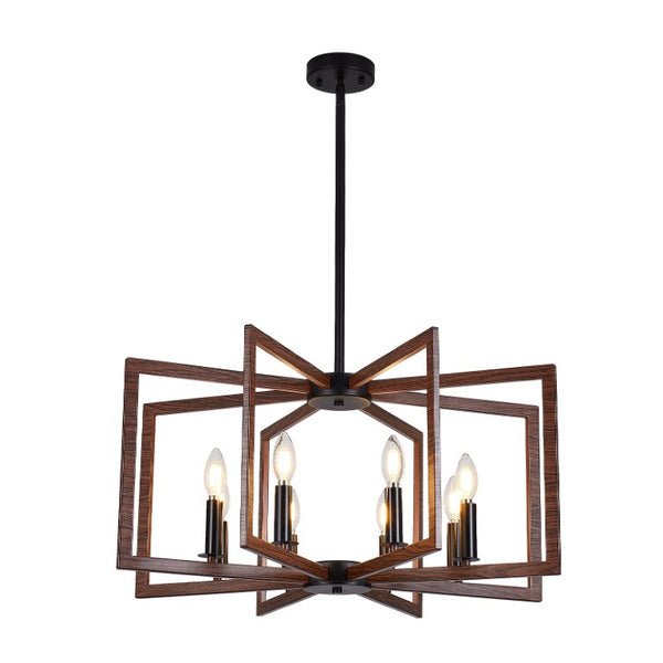 English Elm Modern Farmhouse 8-Light Chandelier Walnut Wood Grain Geometric Pendant Dining W2312P608594