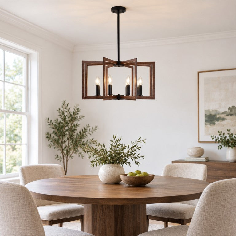 English Elm Modern Farmhouse 8-Light Chandelier Walnut Wood Grain Geometric Pendant Dining W2312P608594