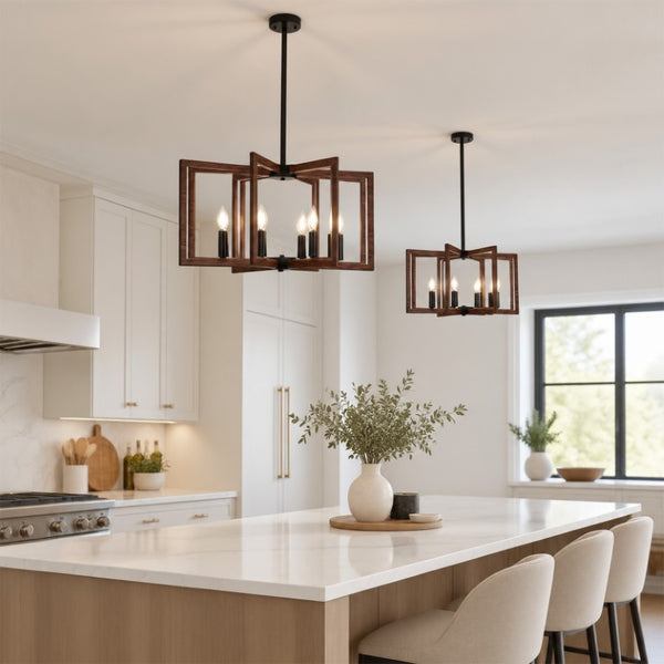 English Elm Modern Farmhouse 8-Light Chandelier Walnut Wood Grain Geometric Pendant Dining W2312P608594