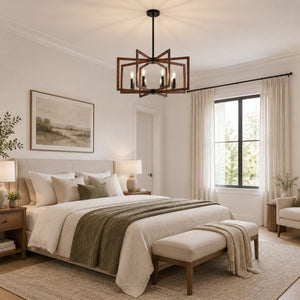 English Elm Modern Farmhouse 8-Light Chandelier Walnut Wood Grain Geometric Pendant Dining W2312P608594