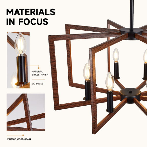 English Elm Modern Farmhouse 8-Light Chandelier Walnut Wood Grain Geometric Pendant Dining W2312P608594