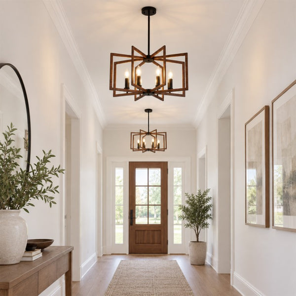 English Elm Modern Farmhouse 8-Light Chandelier Walnut Wood Grain Geometric Pendant Dining W2312P608594