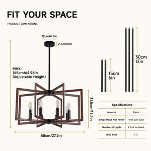English Elm Modern Farmhouse 8-Light Chandelier Walnut Wood Grain Geometric Pendant Dining W2312P608594