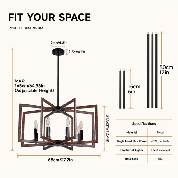 English Elm Modern Farmhouse 8-Light Chandelier Walnut Wood Grain Geometric Pendant Dining W2312P608594