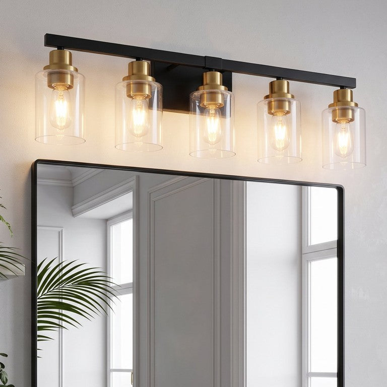 English Elm 31-Inch 5-Light Industrial Vanity Bar Black Iron Clear Glass Bathroom Wall Sconce W2312P610859