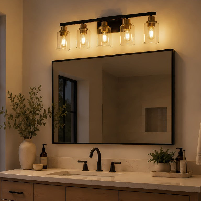 English Elm 31-Inch 5-Light Industrial Vanity Bar Black Iron Clear Glass Bathroom Wall Sconce W2312P610859