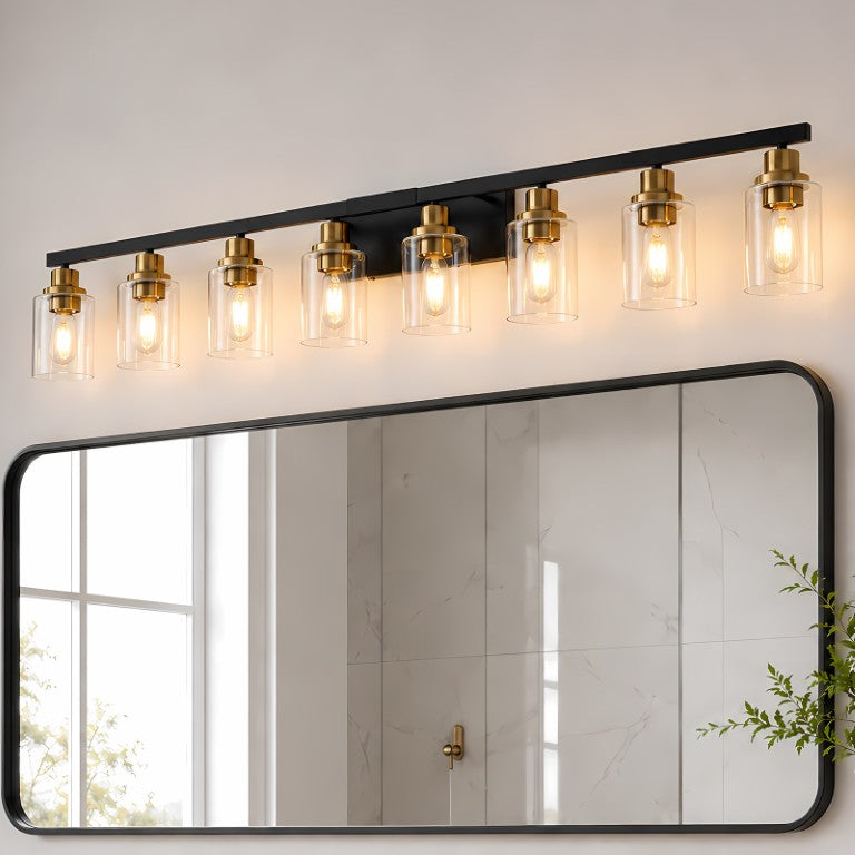 English Elm 8-Light Vanity Bar Fixture Matte Black Iron and Brushed Brass with Clear Glass Hollywood Glam W2312P610861