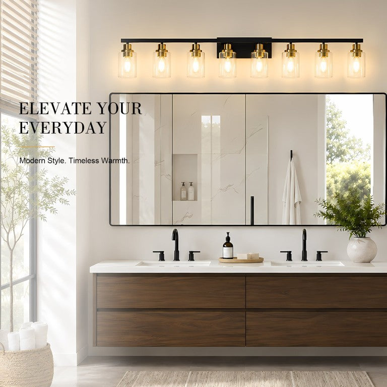 English Elm 8-Light Vanity Bar Fixture Matte Black Iron and Brushed Brass with Clear Glass Hollywood Glam W2312P610861