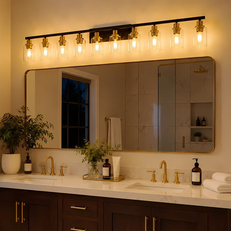 English Elm 10-Light Vanity Bar Iron Frame Matte Black Brushed Brass Wide Bathroom Wall Sconce W2312P610862