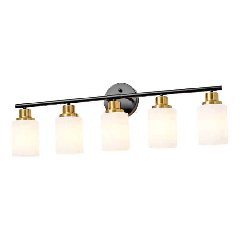 English Elm 5-Light Vanity Bar Matte Black Brushed Brass Ribbed Glass Modern Industrial Bathroom Wall Sconce W2312P611775