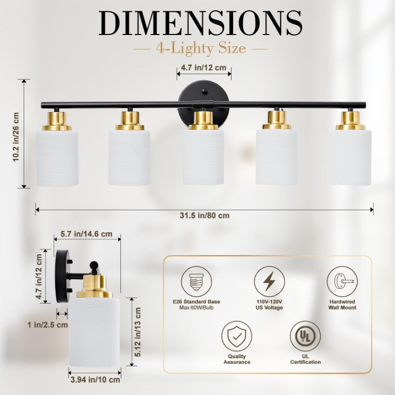 English Elm 5-Light Vanity Bar Matte Black Brushed Brass Ribbed Glass Modern Industrial Bathroom Wall Sconce W2312P611775