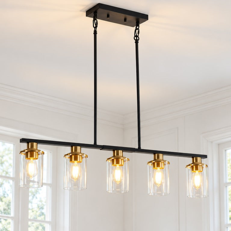 English Elm 5-Light Linear Chandelier Matte Black Brass Pendant with Clear Glass Shades for Dining W2312P611777