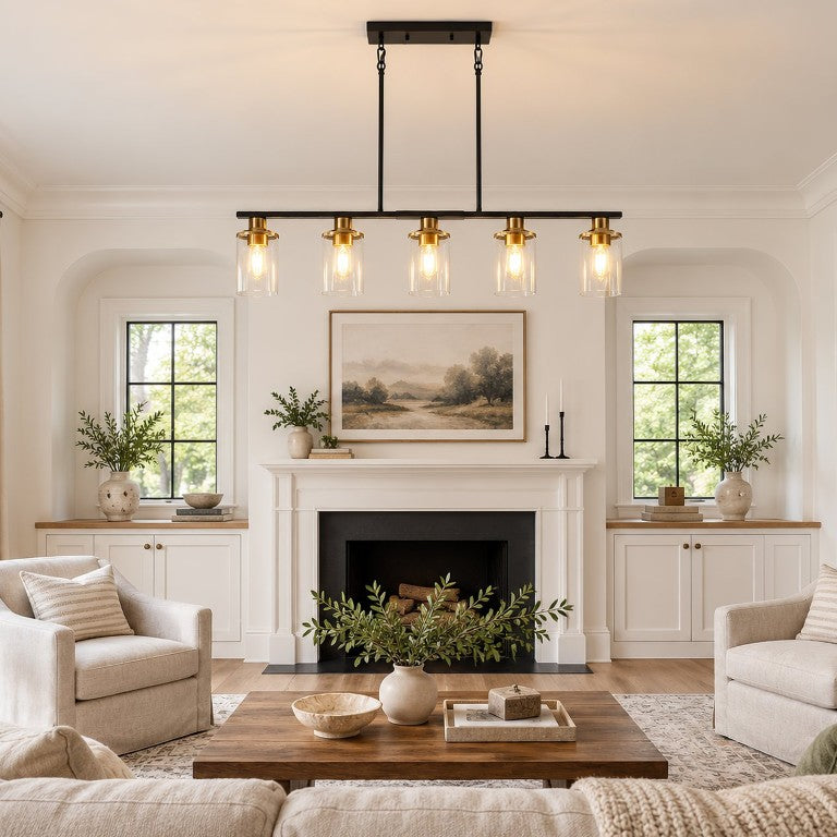 English Elm 5-Light Linear Chandelier Matte Black Brass Pendant with Clear Glass Shades for Dining W2312P611777