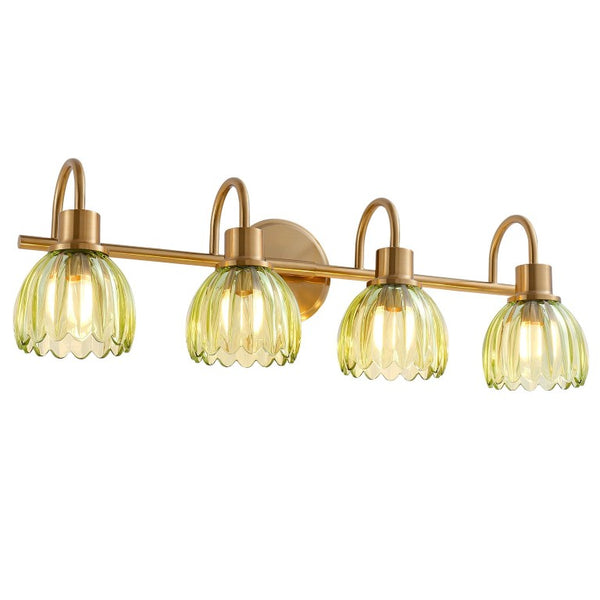 English Elm Vintage Antique Brass Four Light Vanity Sconce with Artisan Green Ribbed Glass Shades W2312P612983