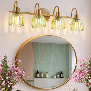 English Elm Vintage Antique Brass Four Light Vanity Sconce with Artisan Green Ribbed Glass Shades W2312P612983