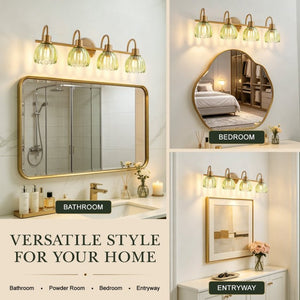 English Elm Vintage Antique Brass Four Light Vanity Sconce with Artisan Green Ribbed Glass Shades W2312P612983