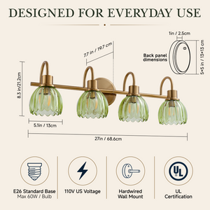 English Elm Vintage Antique Brass Four Light Vanity Sconce with Artisan Green Ribbed Glass Shades W2312P612983