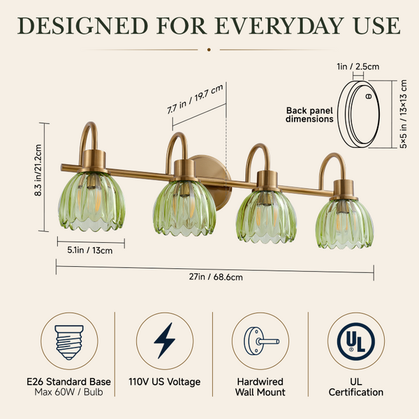 English Elm Vintage Antique Brass Four Light Vanity Sconce with Artisan Green Ribbed Glass Shades W2312P612983
