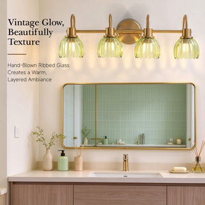 English Elm Vintage Antique Brass Four Light Vanity Sconce with Artisan Green Ribbed Glass Shades W2312P612983