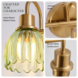 English Elm Vintage Antique Brass Four Light Vanity Sconce with Artisan Green Ribbed Glass Shades W2312P612983