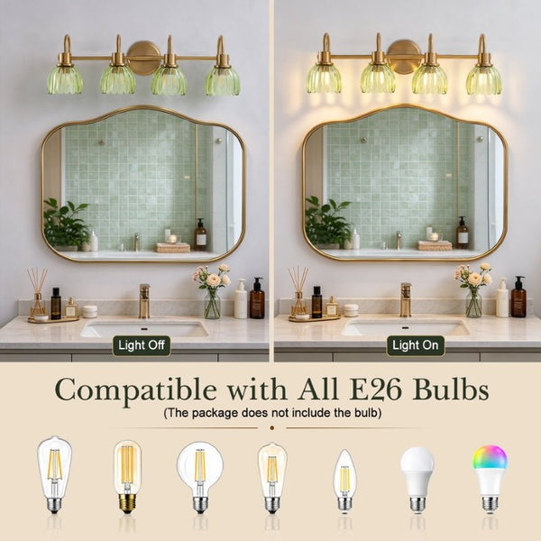 English Elm Vintage Antique Brass Four Light Vanity Sconce with Artisan Green Ribbed Glass Shades W2312P612983