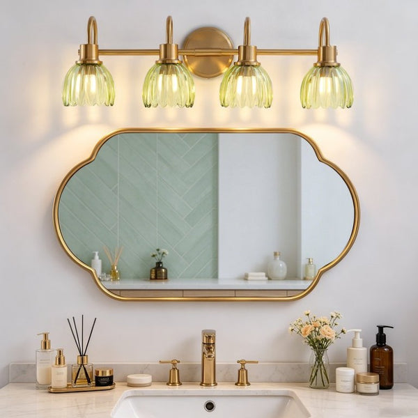 English Elm Vintage Antique Brass Four Light Vanity Sconce with Artisan Green Ribbed Glass Shades W2312P612983