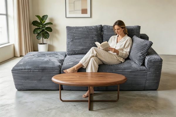 English Elm Small Modular Cloud Sectional with Chaise Ottoman and Sink-In Foam Lounge Seating Grey Right Facing Chaise W2318P426569