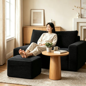 English Elm Small Modular Cloud Sectional with Chaise Ottoman and Sink-In Foam Lounge Seating Black Right Facing Chaise W2318P426572