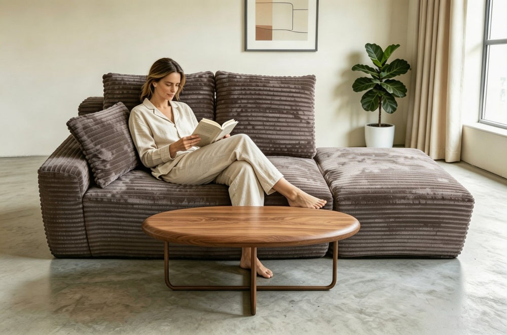 English Elm Small Modular Cloud Sectional with Chaise Ottoman and Sink-In Foam Lounge Seating Brown Left Facing Chaise W2318P426574