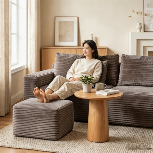 English Elm Small Modular Cloud Sectional with Chaise Ottoman and Sink-In Foam Lounge Seating Brown Left Facing Chaise W2318P426574