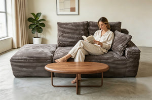 English Elm Small Modular Cloud Sectional with Chaise Ottoman and Sink-In Foam Lounge Seating Brown Right Facing Chaise W2318P426575