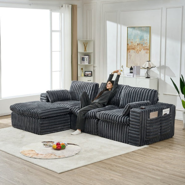 English Elm Luxury Chenille Ribbed Modular Sectional with Ottoman for Contemporary Living Rooms W2318S00010
