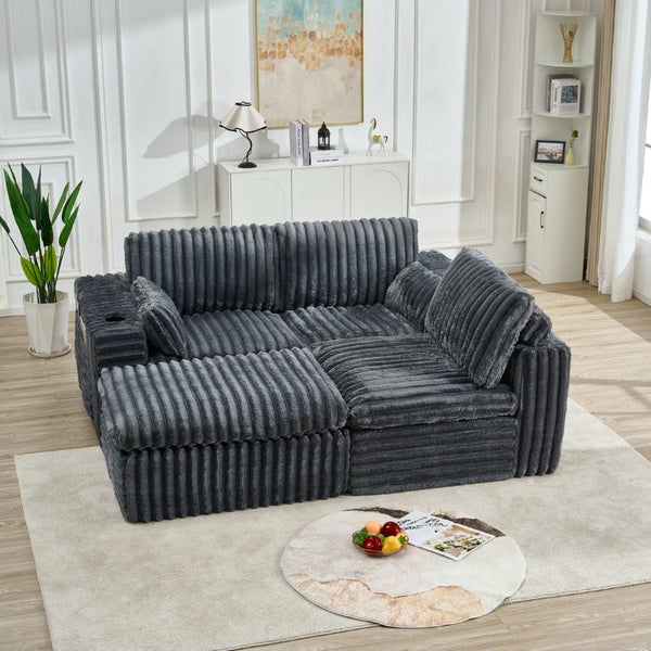 English Elm Luxury Chenille Ribbed Modular Sectional with Ottoman for Contemporary Living Rooms W2318S00010