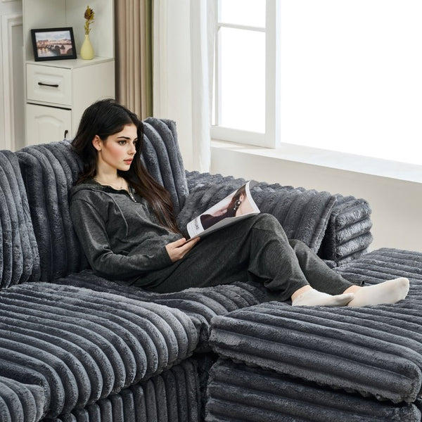 English Elm Luxury Chenille Ribbed Modular Sectional with Ottoman for Contemporary Living Rooms W2318S00010