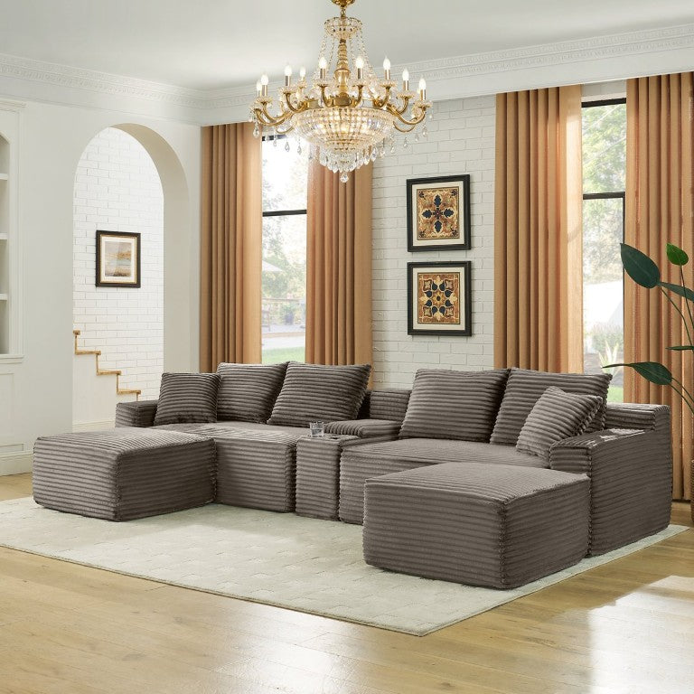 English Elm 127 Inch Modular U Shaped Sectional Corduroy Cloud Sofa with USB Port and Ottomans Brown W2318S00012