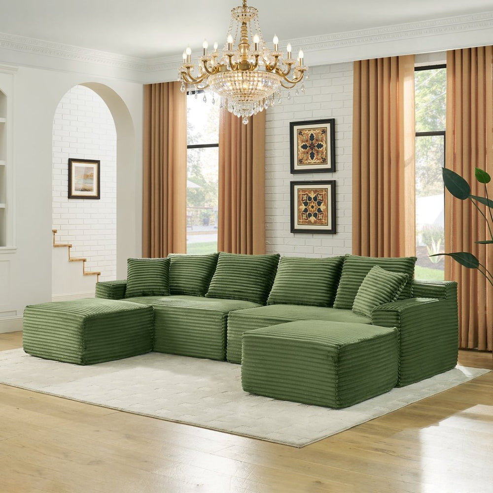 English Elm 115" U-shaped Cloud Sectional Corduroy Upholstered Modular Sofa with Chaise and Ottoman Green W2318S00017