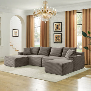 English Elm 115" U-shaped Cloud Sectional Corduroy Upholstered Modular Sofa with Chaise and Ottoman Brown W2318S00018